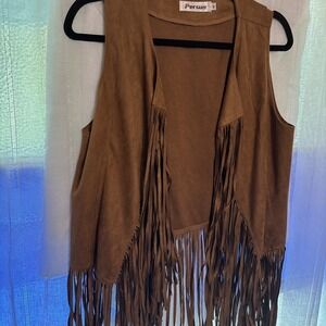Western Suede Feel Fringe Vest Women's SIZE M Cowgirl Camel Country Bohemian